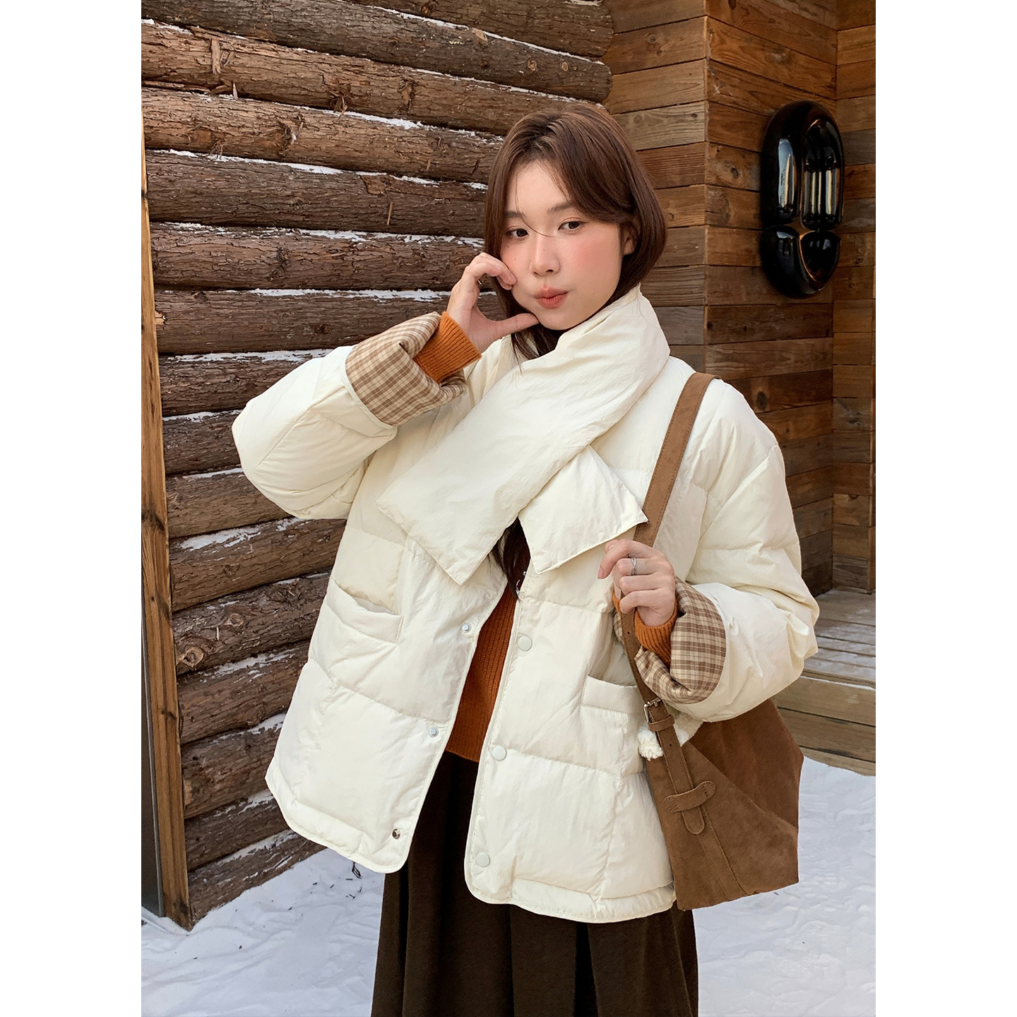 Yier Shirt First Encounter in Snow Season [with Scarf] White Duck down Warm down Jacket Women's Korean Bread Jacket 0312