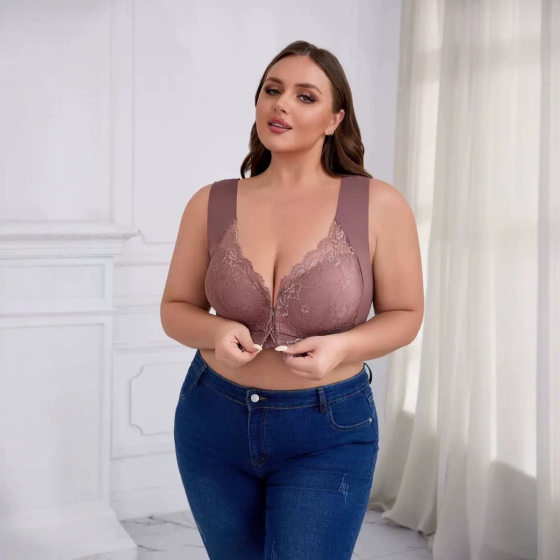 European and American Cross-Border Plus-Size Women's Push-Up Front-Closure Bra with Fixed Cups, Lift-Up, Beautiful Back, Lace Vest Style