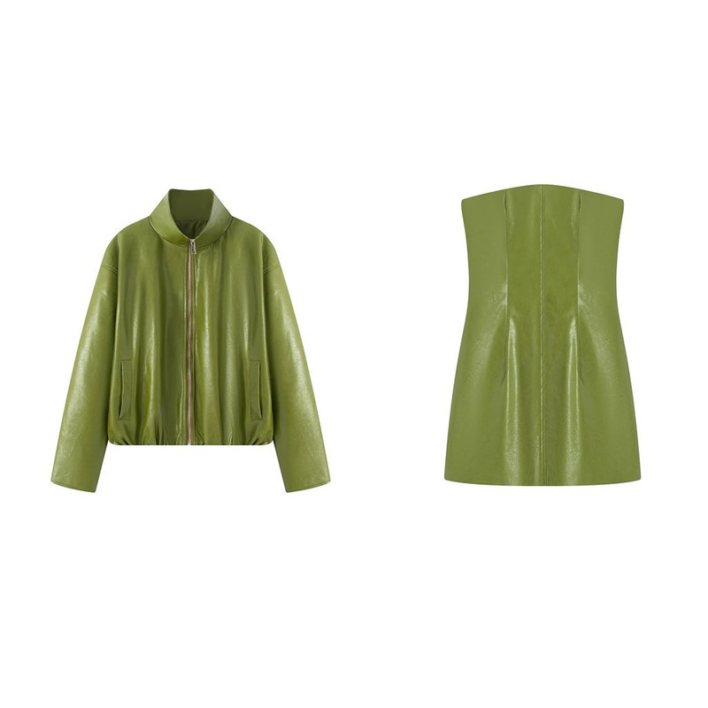 Cross-Border 2025 Autumn European and American Women's Clothing Retro Fashion Pu Leather Jacket Zipper Jacket Bustier Dress Set