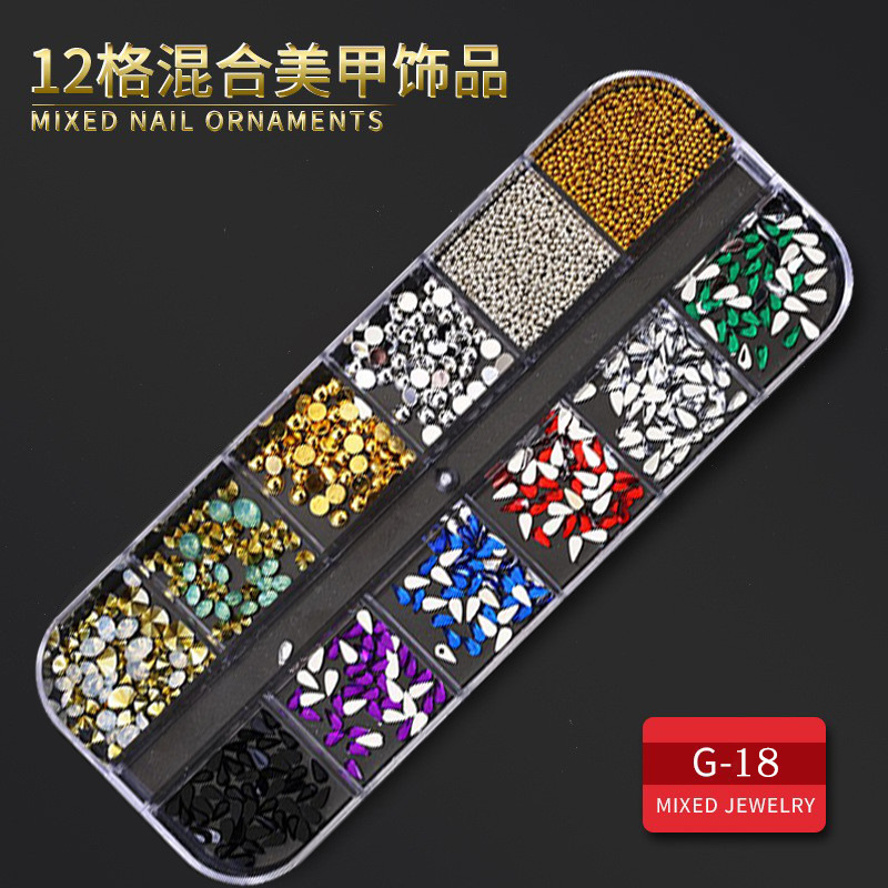 Juego completo transfronterizo de 12 compartimientos de remaches de metal, diamantes de imitación, Xingyue, piezas de concha de diamantes, accesorios para uñas, adornos para uñas