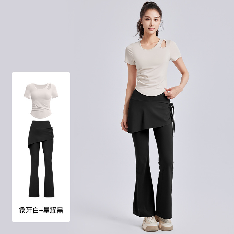 Juyitang Ropa de yoga hueca Camisa deportiva delgada de manga corta para mujer Traje de fitness de Pilates de entrenamiento para correr