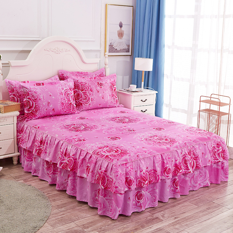 Falda de cama coreana Falda de cama de algodón de imitación agradable para la piel Funda de cama individual para dos piezas de tres piezas Funda de cama de encaje de doble capa de tres piezas image 16