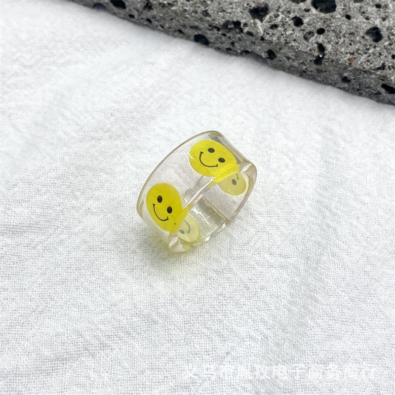 Nuevo acetato resina expresión humor anillo transparente diversión ins estilo colorido Smiley cara apilada anillo