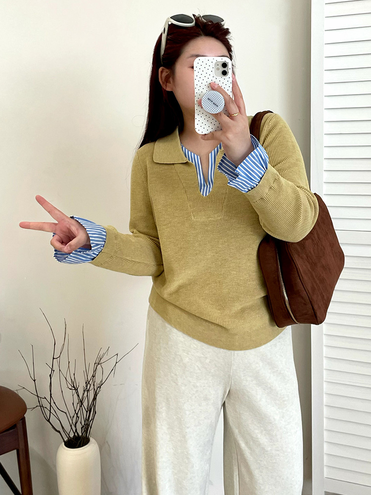Plus-size women's POLO shirt with a patchwork style, a college-style top for women in the autumn of 2025, a casual knitted sweater for chubby girls 23216