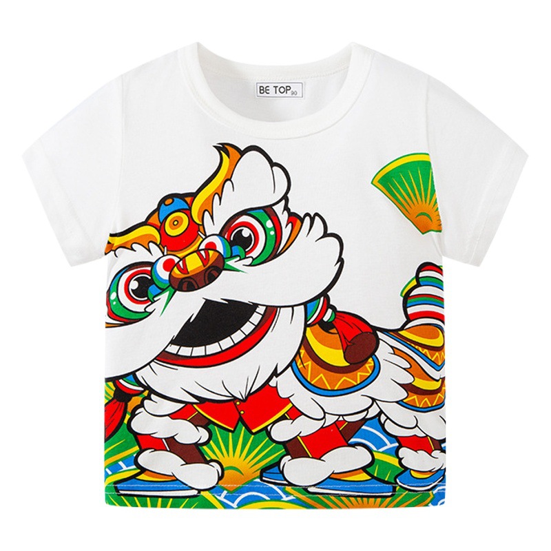 Ropa para niños nuevo estilo chino xingshi koi afortunado gato impresión de los niños de manga corta Camiseta estilo occidental festivo Año nuevo top