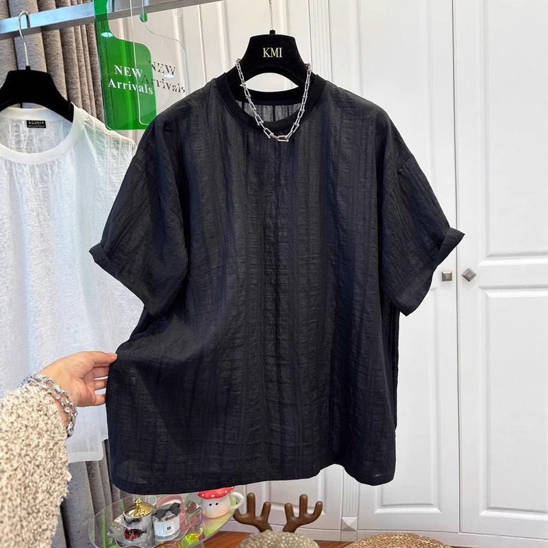 Oversize 120.00kg High-end Sense Black Crewneck Tencel Short-sleeved Chiffon Blouse Women's Loose Casual Lightweight Summer Top Oversize 120.00kg High-end Sense Black Crewneck Tencel Short-sleeved Chiffon Blouse Women's Loose Casual Lightweight Summer Top