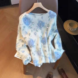 超好看粉色亮片立体花朵一字肩薄款毛衣女秋季高级感马海毛针织衫