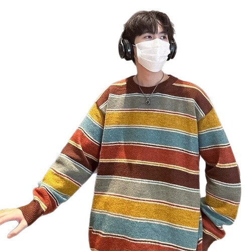 Men's Autumn/Winter Korean-Style Minimalist Trend Color-Block Striped Sweater, Men's Retro Hong Kong Style Atmospheric Casual Hooded Sweater