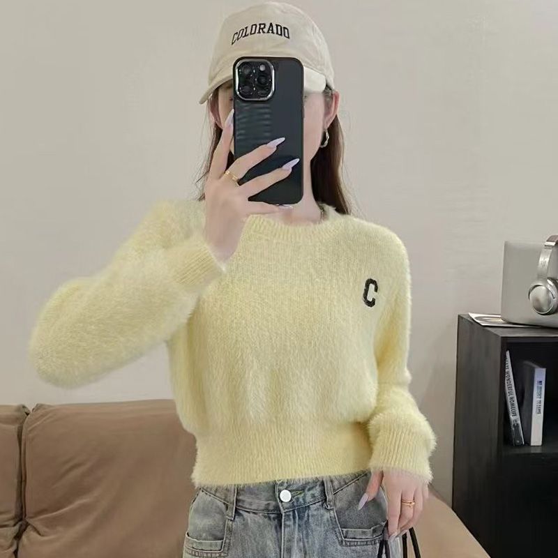 温柔小香风软糯仿水貂绒毛衣女秋冬内搭小个子高腰短款宽松针织衫|undefined