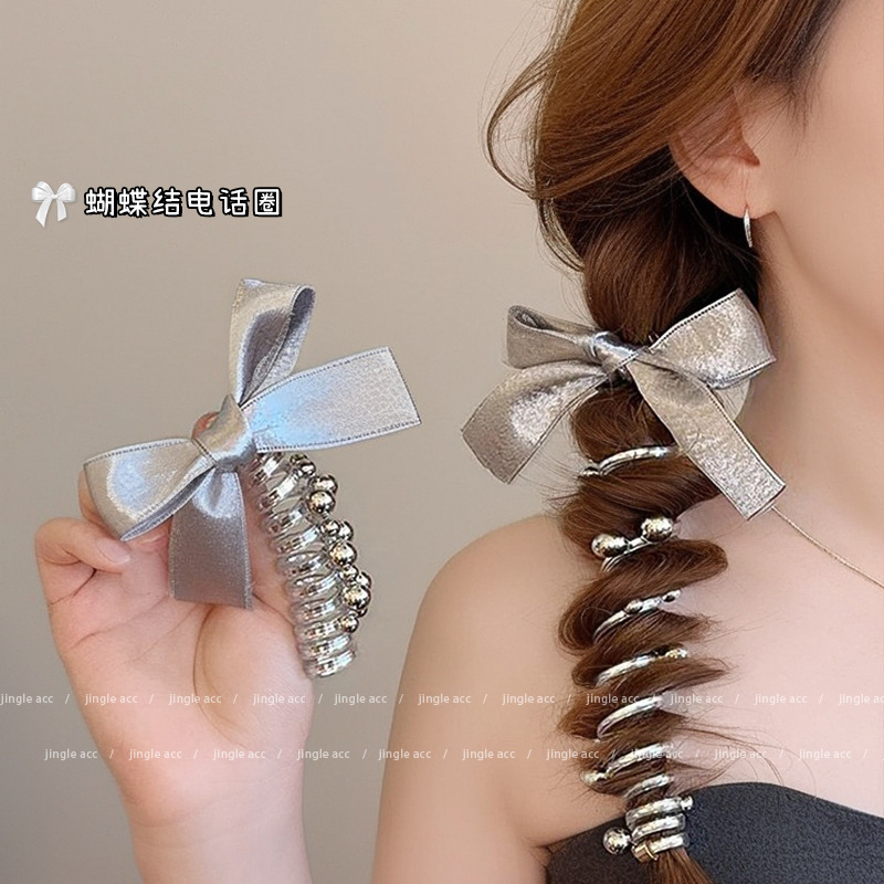 Arco plateado línea telefónica anillo de cabello correa mujer cola de caballo burbuja trenzada cuerda de cabello de alta elasticidad tocado duradero