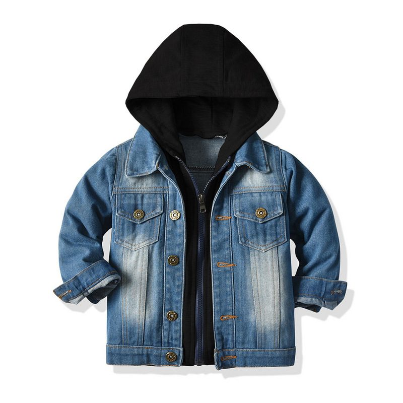 Chaqueta de mezclilla para niños coreanos otoño e invierno moda abanico cremallera de manga larga con capucha vaquero falso de dos piezas Denim coat