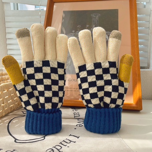Korean Style Checkered Adult Knit Warm Gloves Winter Unisex Couples Large Double Layer Thick Fleece