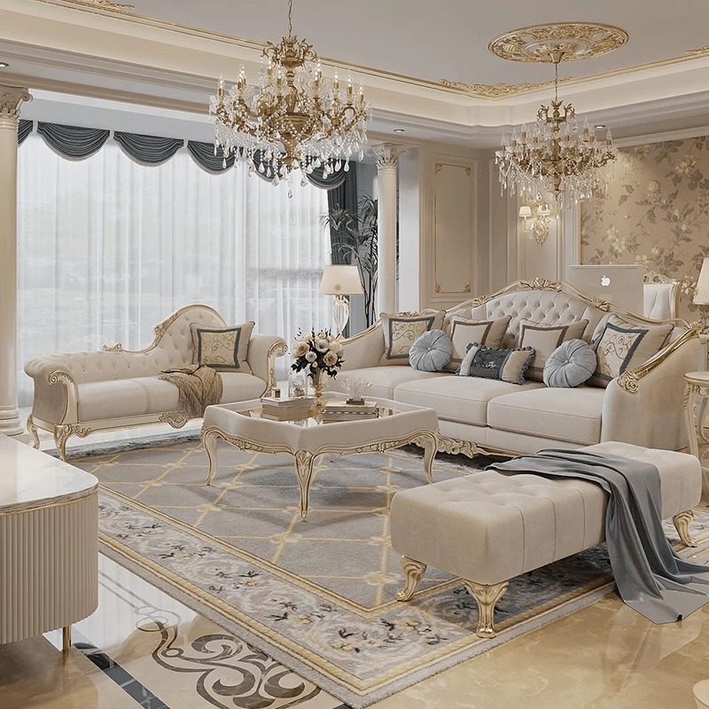French Entry Luxury Solid Wood Carved Sofa European-style Court High-grade Solid Wood Three-seat Sofa for Imperial Concubine Living Room Combination