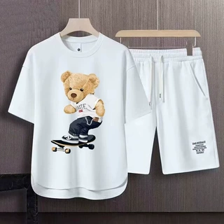 小熊美式复古卡通短袖t恤男女新款潮流宽松ins潮街头风嘻哈套装潮