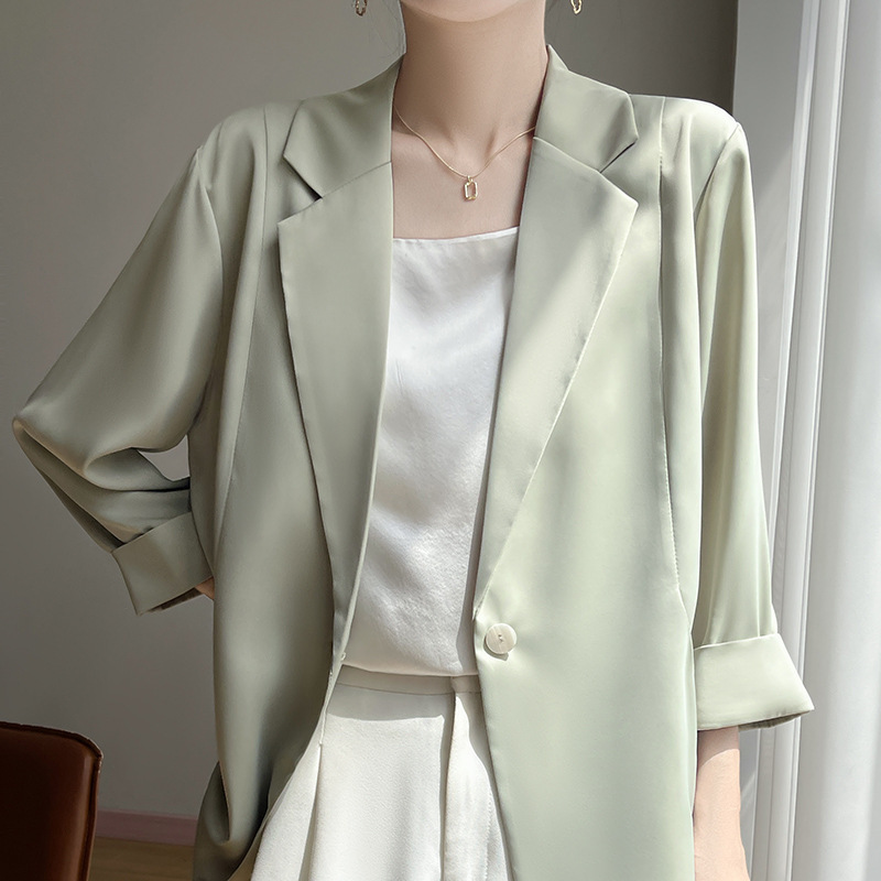 Summer Thin Acetate Blazer for Women, High-End, Versatile, Slimming, Casual, Loose-Fitting, Satin Long-Sleeve Suit
