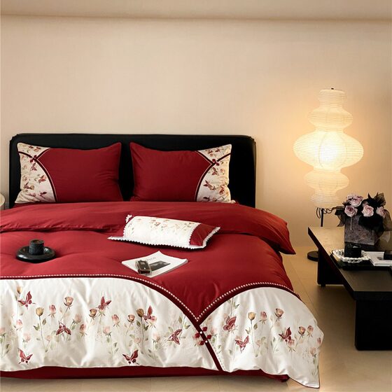 Modern New Chinese style rose embroidery red bedding housewarming festive wedding daily cotton long-staple cotton four-piece set