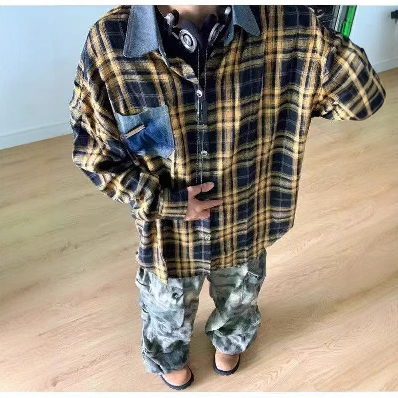 American Style Vintage Denim Patchwork Plaid Long-sleeved Shirt Men's Loose Casual All-match Lapel Shirt Jacket for Couple