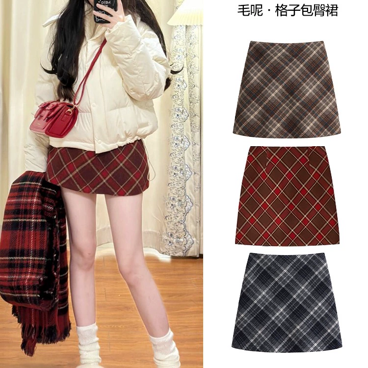 Красная клетчатая юбка для бюстов женская осень-зима плюс бархат 2024 новые узкие юбки с высокой талией