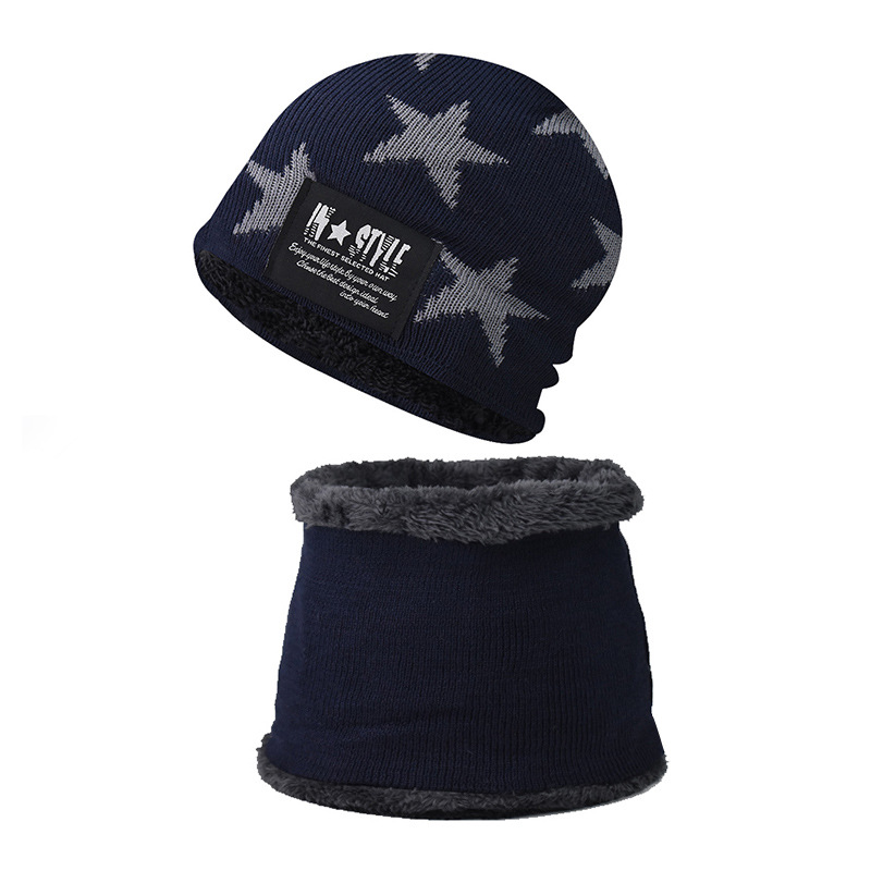 El otoño y el invierno de lana forrada padre-hijo de punto sombrero estrella de cinco puntas bordado Jersey sombrero bufanda traje de protección del oído sombrero de lana caliente