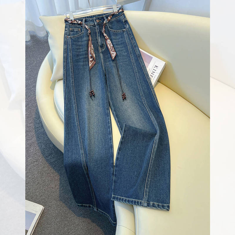 Vintage Wide-Leg Jeans for Women, Autumn and Winter 2025 New Style, Slim Fit, Excellent Scarf Belt, Scimitar Pants, Straight-Leg