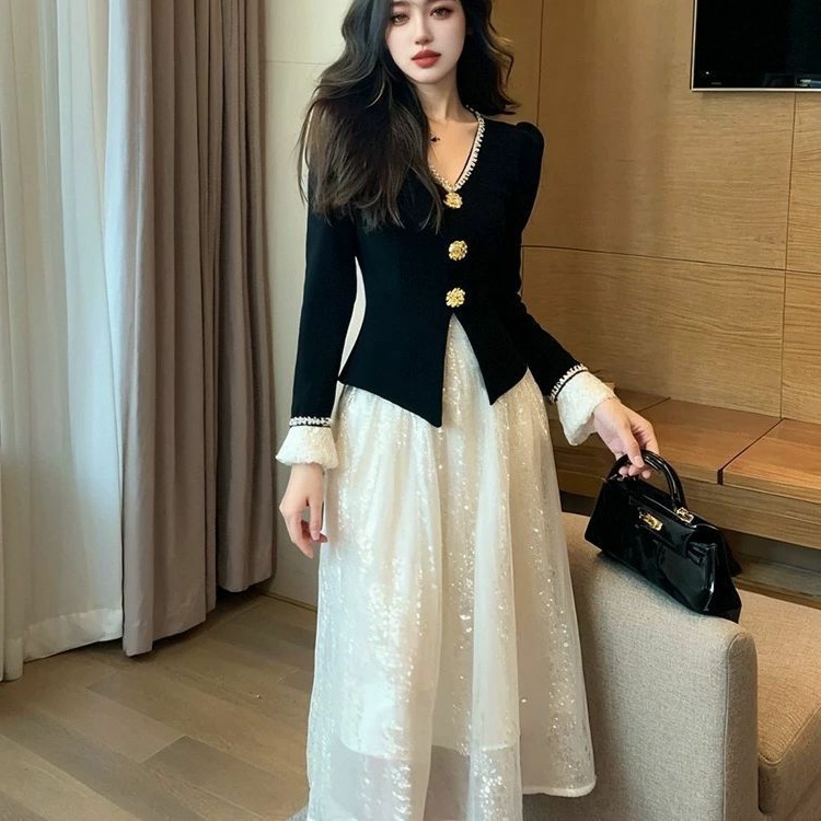 法式高级感洋气连衣裙女春秋韩版收腰显瘦假两件名媛千金风长裙子|undefined