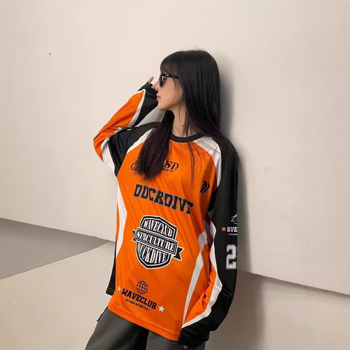 Cross-border best-selling American retro color-blocked crew neck street print loose long-sleeved T-shirt for women with mesh dance top