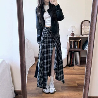 美式不规则黑白格纹半身裙女夏季新款设计感高腰a字遮肉显瘦长裙.
