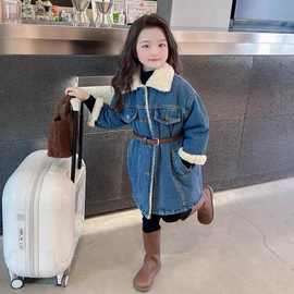 2025款女童牛仔外套中长款加绒加厚儿童秋冬羊羔毛连衣裙上衣外套