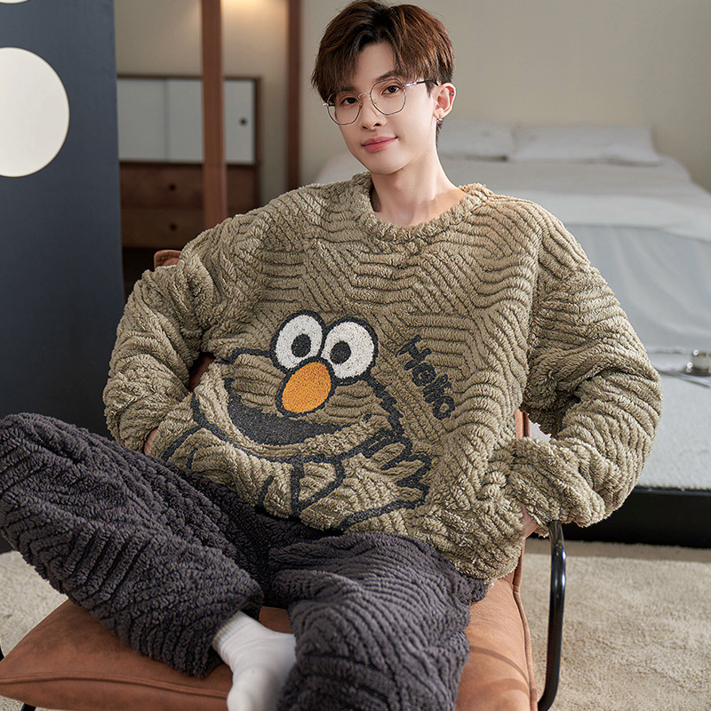 Pijamas de invierno de los hombres de coral de lana engrosada forrada de lana cálido desgaste del hogar traje de dibujos animados de franela Jersey de invierno de los hombres