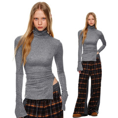 Savadika Q24TP652 European and American cross-border turtleneck long sleeve irregular hem design slim and versatile top for women