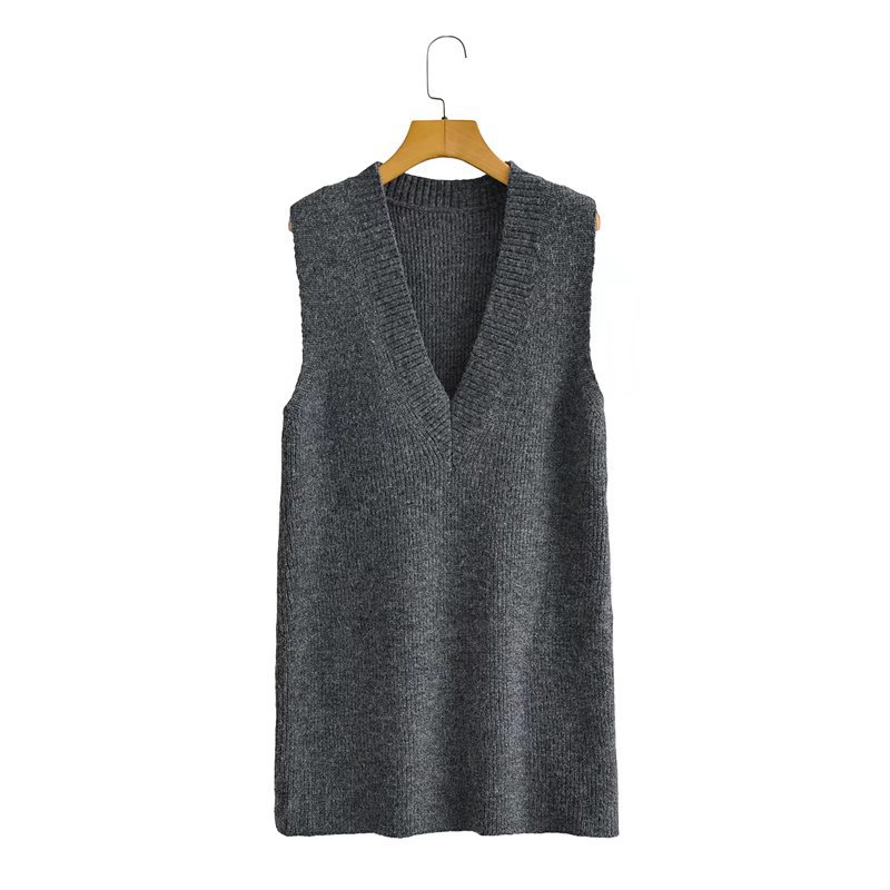 deep V solid color knitted vest dress nihaostyles wholesale clothing NSAM85364