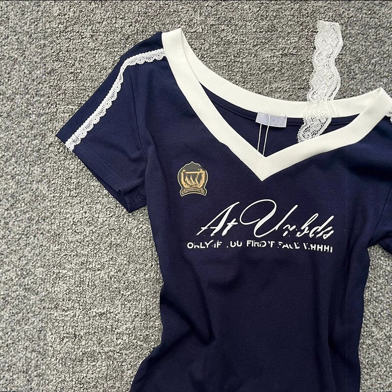 アメリカのギャルvネック半袖tシャツ女性の夏の高級感レースのつなぎ合わせ