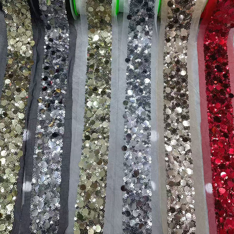 102高温 3.8CM大小圆片绣珠片花边满幅绣片带 珠片带亮片带