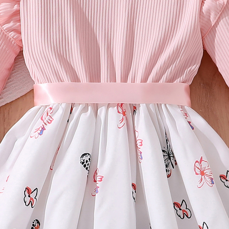 INS Girls' Autumn New Mid to Large Children's Long Sleeve Pit Strip Splicing Flower Butterfly Printed Dress_voghion.com