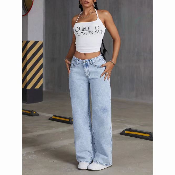 Cross-Border Foreign Trade European and American Independent Station Sweet and Spicy Style Women's Jeans Y2K High Street Low-Waist Straight Pants Versatile Floor-Length Pants