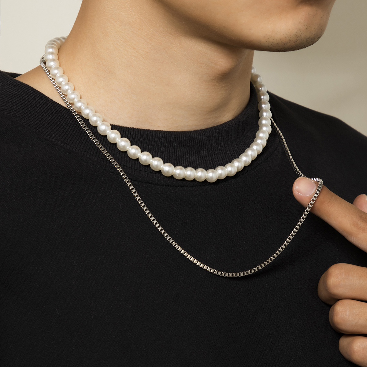 Hip-Hop Geometric Iron Pearl Chain Men'S Layered Necklaces display picture 2