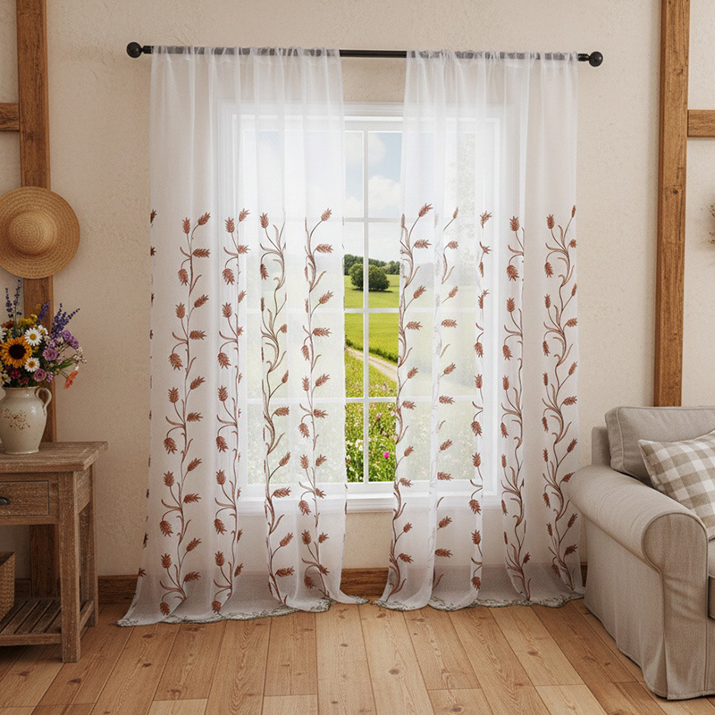 American Pastoral Sheer Curtains With Wheat Embroidery, Light-transmitting Decorative Finish_voghion.com