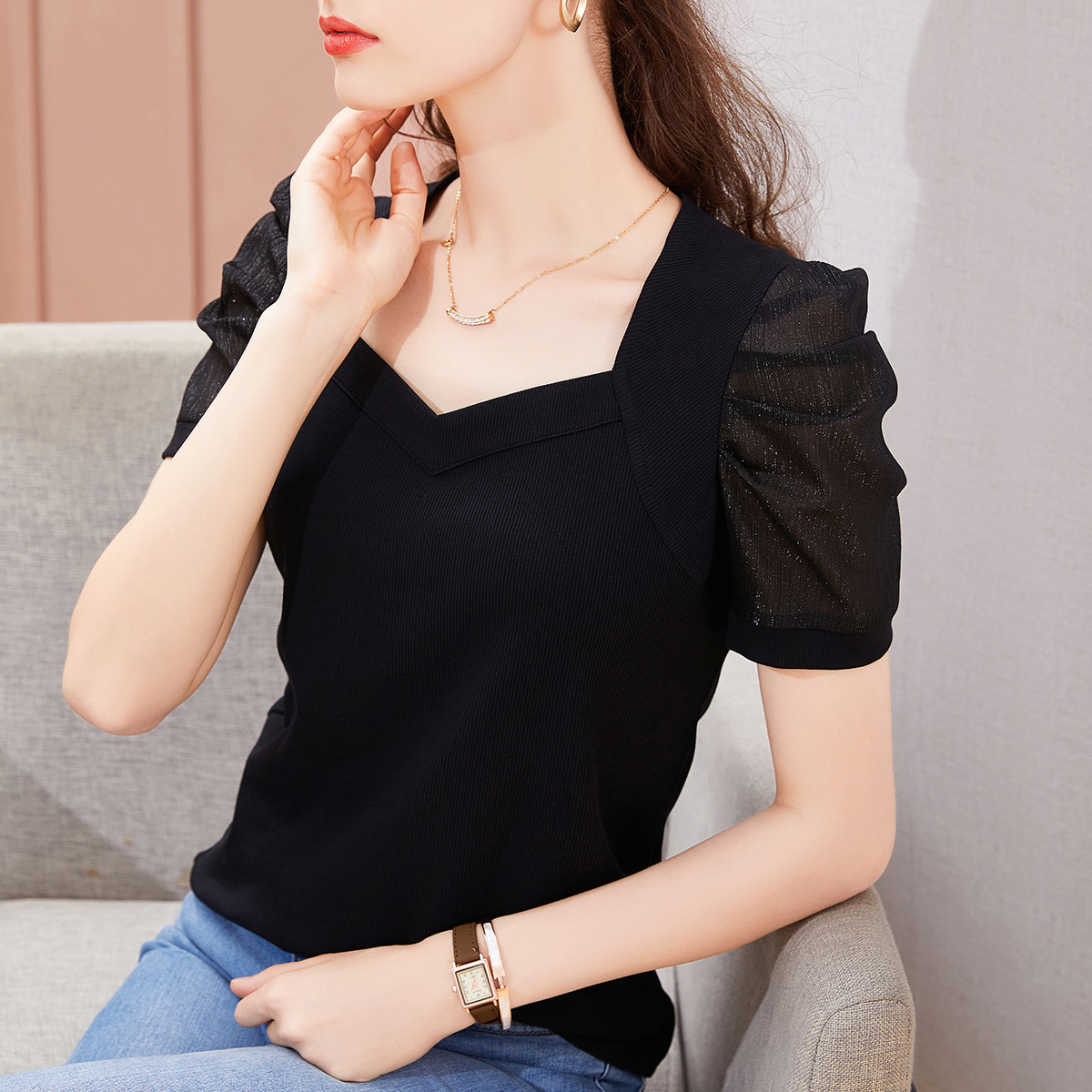 Clothes Women's T-shirt Women's 2022 New Summer Short-sleeved T-shirt French Palace Style Puff Sleeve Top Women's Autumn