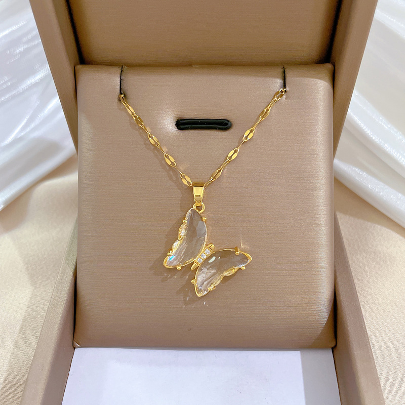 Butterfly Pattern Golden Plated 304 Stainless Steel Electroplating Artificial Crystal Butterfly Elegant Earrings Necklace For Women'S