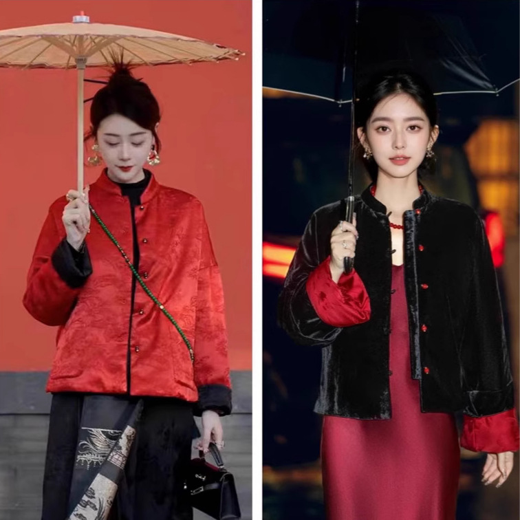 新中式丝绒国风红色外套大象提花棉服双面穿时尚保暖棉衣女汉服