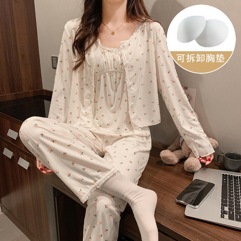 Pajamas with Chest Pad Women's Spring and Autumn Cotton Small Floral Three-Piece Set Fresh and Pure Style Sexy Sling Sling Home Clothes