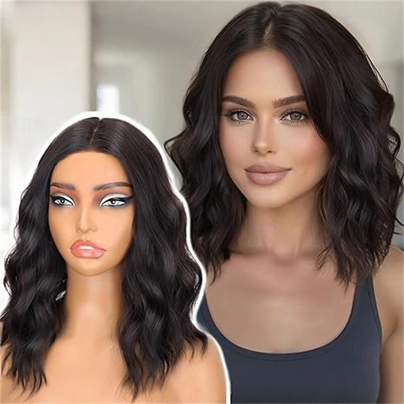 Women's Medium-Length Wavy Wig in Golden Beige and Black, Natural Wave Bob, Synthetic and Heat-Resistant