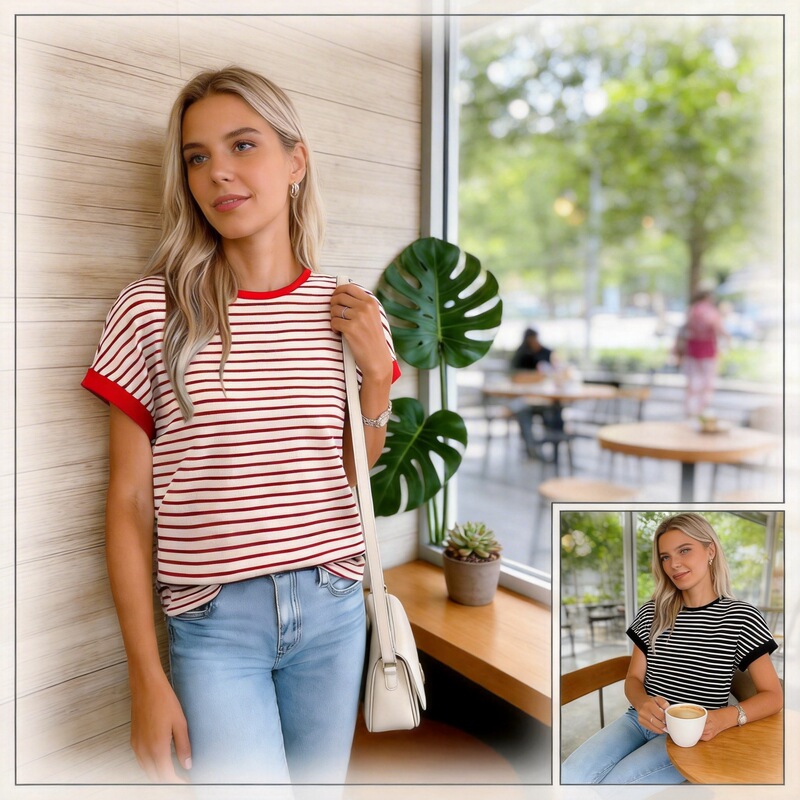 European and American Women's Fashion 2026 Summer New Casual Striped Minimalist Versatile Round Neck Loose Short-Sleeve Top Women's T-Shirt