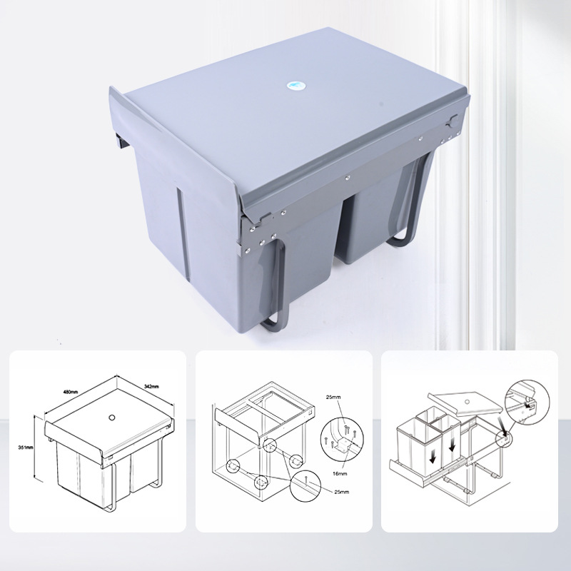 Almacenamiento invisible 400 gabinete de gabinete de extracción de clasificación 15L + 8L * 2 tres barriles de basura de plástico incrustados