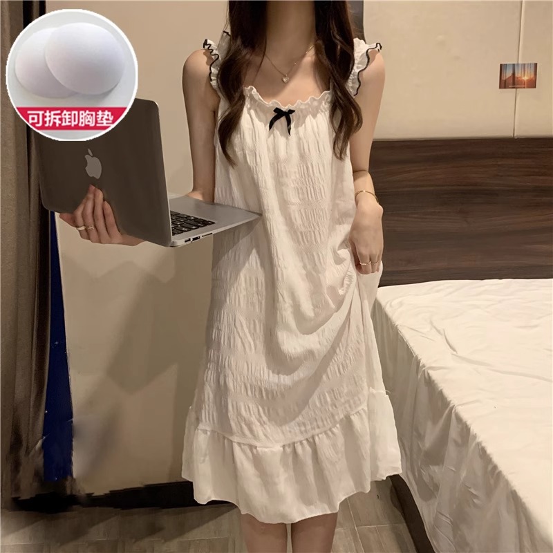 YZQ_Q404#서스펜더 스커트 작은 리본 - 흰색 (가슴 패드 포함) (약간 투명)