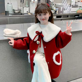 女童加绒外套秋冬款儿童冬季加厚红色毛呢子大衣女孩新年拜年衣服