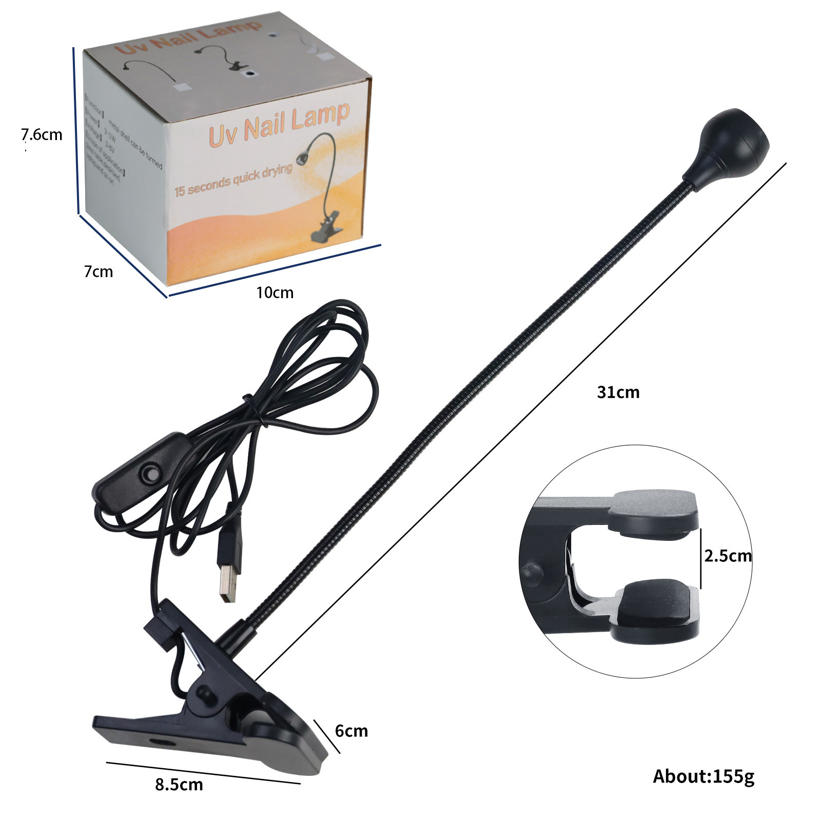 Transfronterizo exclusivo mini clavo pegamento UV lámpara de curado de luz púrpura con clip y interruptor de luz USB multiusos