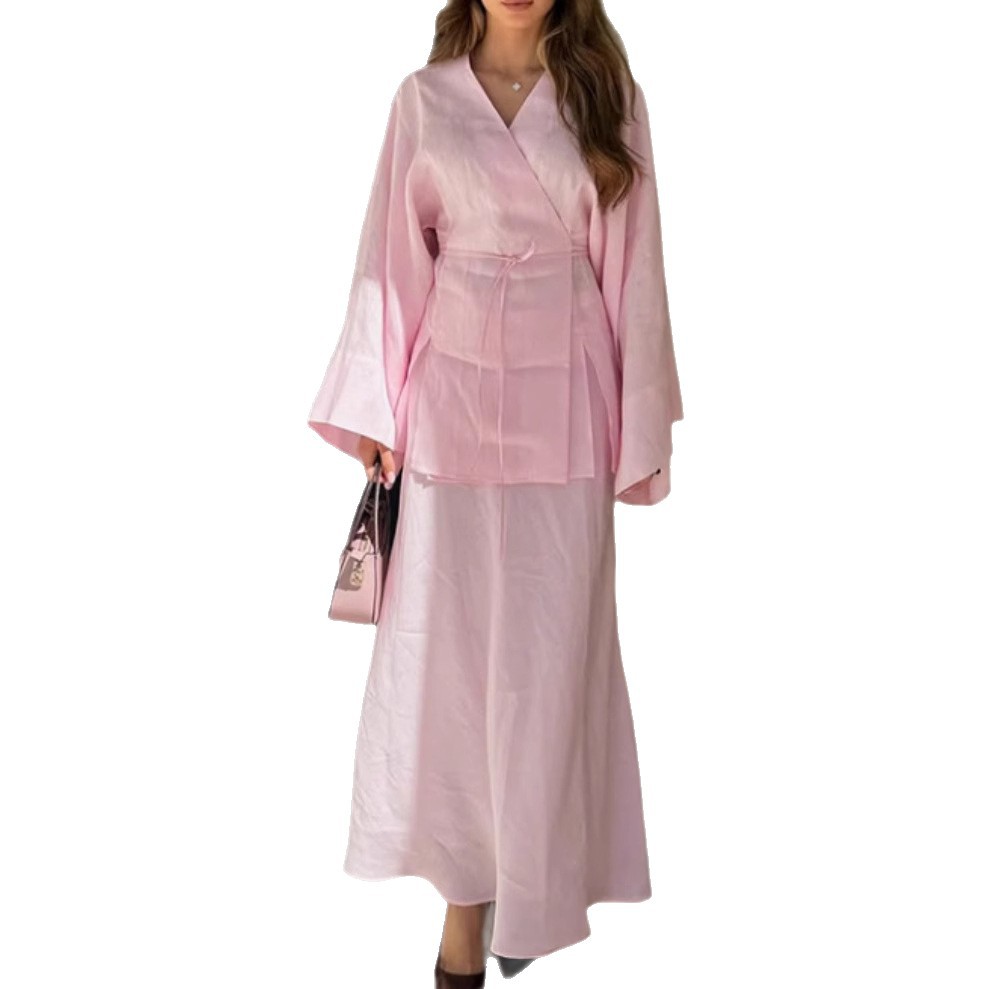 Women's Solid Color Lace Up Long Sleeved Skirt Set