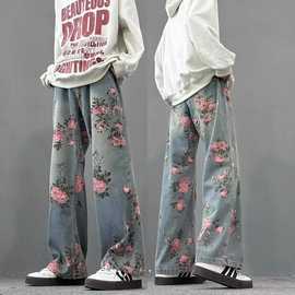 牡丹提花牛仔裤男春秋设计感小众水洗休闲裤子cleanfit直筒微喇裤