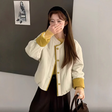 2025秋冬新款韩系糖果色单排扣拼色棉服外套女圆领时尚简约棉衣潮